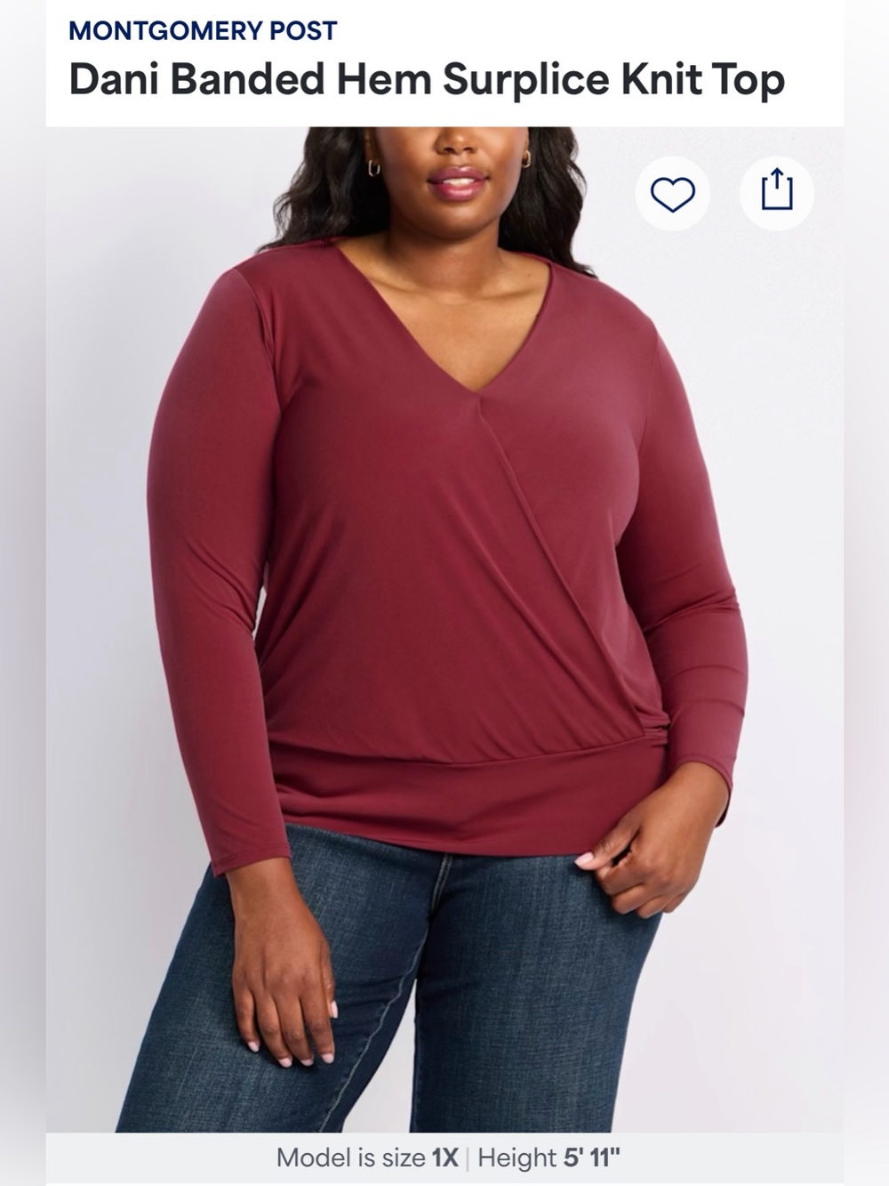NWT Montgomery Post Dani Burgundy Surplice Banded Hem Top 2X